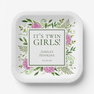 It's Twin Girls Pink Hydrangeas Girl Baby Shower Paper Plate