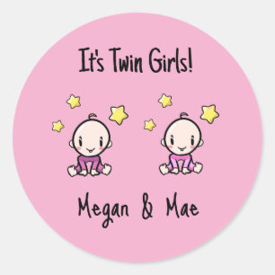 It's Twin Girls!, Pink, Personalized Twin Babies Classic Round Sticker