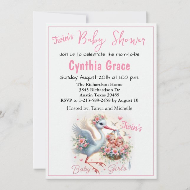 It's Twin Girl's with Stork, Baby Girls and Flower Holiday Card (Front)