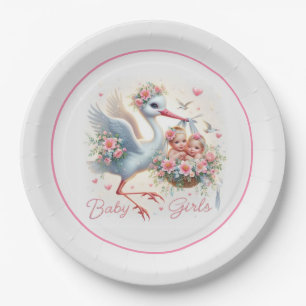 It's Twin Girl's with Stork, Baby Girls and Flower Paper Plate