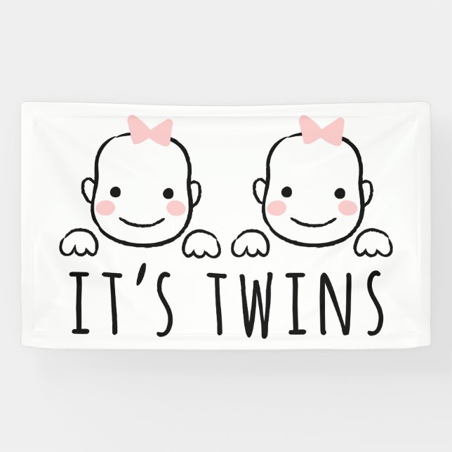 It's Twins | Baby Girls With Pink Bows Banner (Horizontal)