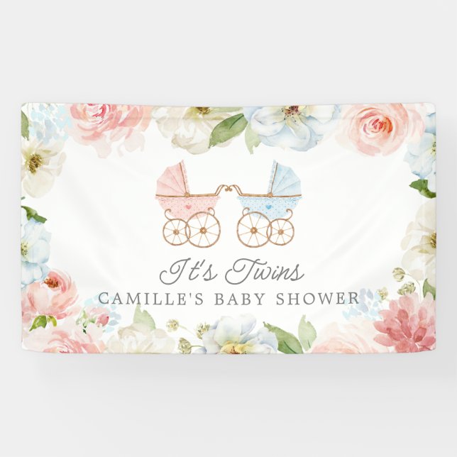 It's Twins Baby Shower Blue Pink Floral Welcome Banner (Horizontal)