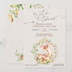 It's Twins  Baby Shower Deer Fawns in Leafy Wreath Invitation