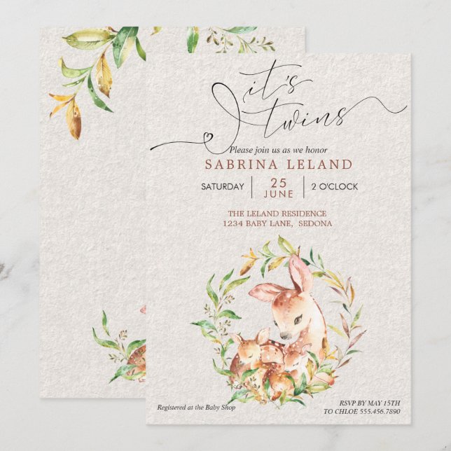 It's Twins  Baby Shower Deer Fawns in Leafy Wreath Invitation (Front/Back)