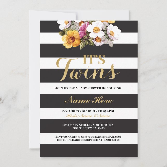 It's Twins Baby Shower Stripe Gold Floral Invite (Front)