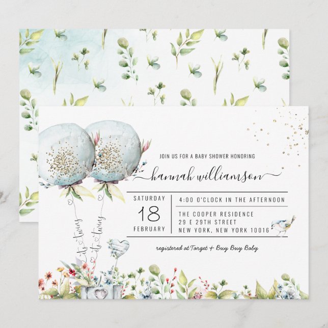 It's Twins Blue Balloon Baby Shower Invitation (Front/Back)