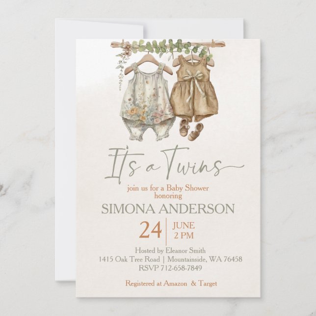 It's twins boho clothes nursery baby shower  invitation (Front)
