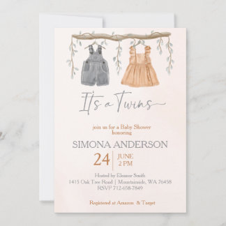 It's twins boho clothes nursery baby shower invitation