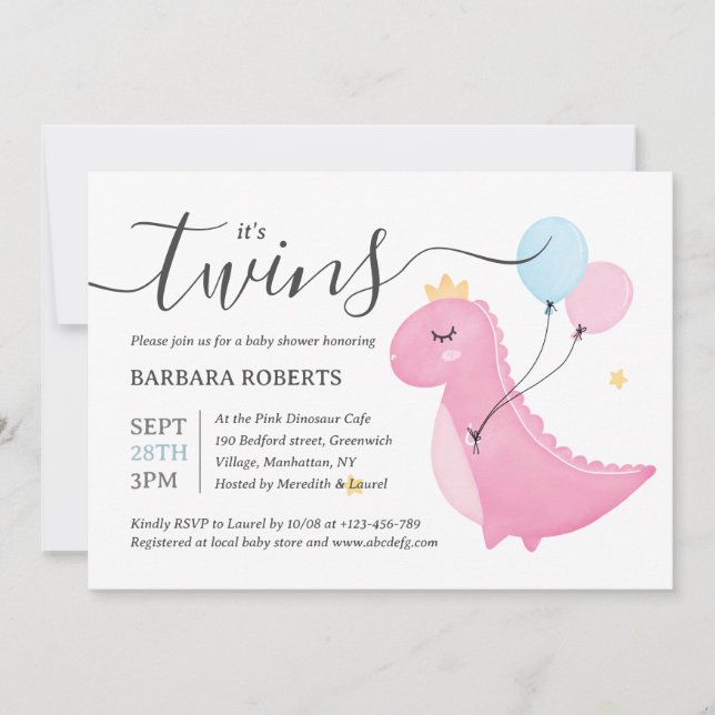 It's Twins Boy and Girl Pink Dinosaur Baby Shower Invitation (Front)