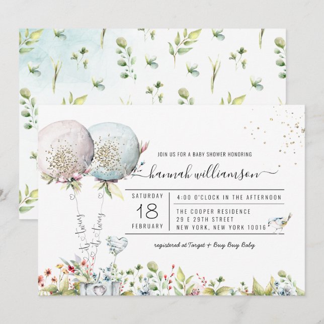 It's Twins Boy Girl Balloon Baby Shower Invitation (Front/Back)