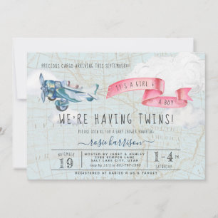 It's Twins Boy Girl Vintage Aeroplane Baby Showe Invitation