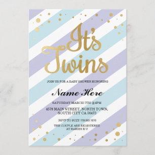 It's Twins Boys Baby Shower Gold & Blue Invite