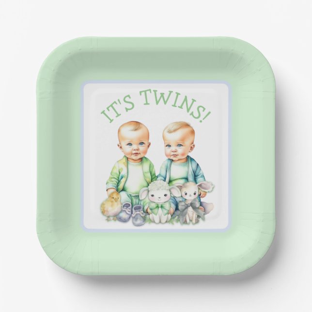 It's Twins! Cute boy twins Baby Shower Paper Plate (Front)