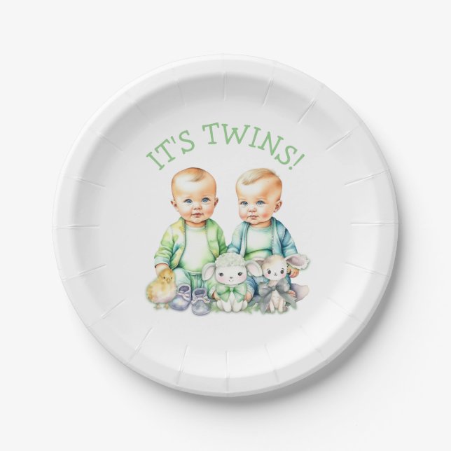 It's Twins! Cute boy twins Baby Shower Paper Plate (Front)
