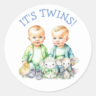It's Twins! Cute boy twins Baby Shower Treats Classic Round Sticker