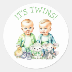 It's Twins! Cute boy twins Baby Shower Treats Classic Round Sticker