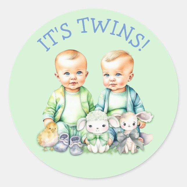 It's Twins! Cute boy twins Baby Shower Treats Classic Round Sticker (Front)