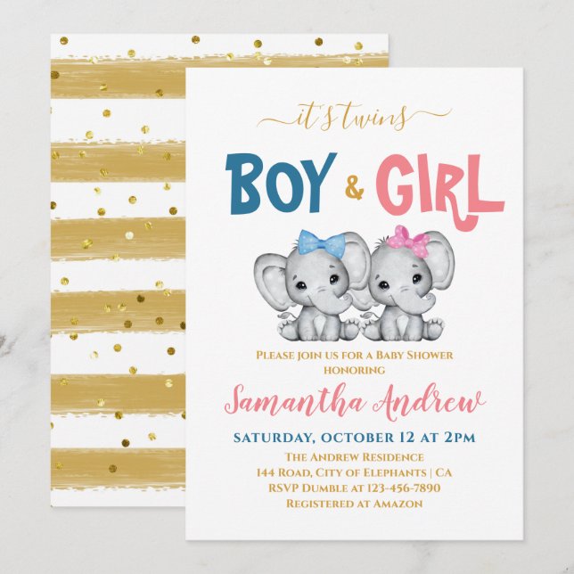 It's Twins Cute Elephant Boy & Girl Baby Shower Invitation (Front/Back)