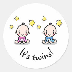 It's twins!, cute girl and boy, round stickers