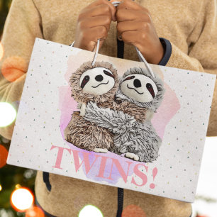 It's Twins Cute Sloth Hugs Baby Shower Pink  Large Gift Bag