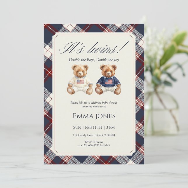 Its Twins Double Plaid teddy bear Baby Shower Invitation (Standing Front)