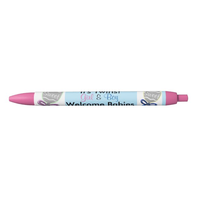 It's Twins Girl Boy Pink Blue Birth Announcement Black Ink Pen (Front)