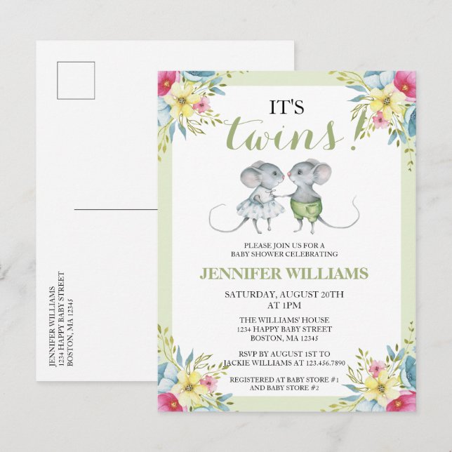 It's Twins Green Floral Boy & Girl Baby Shower   Invitation Postcard (Front/Back)