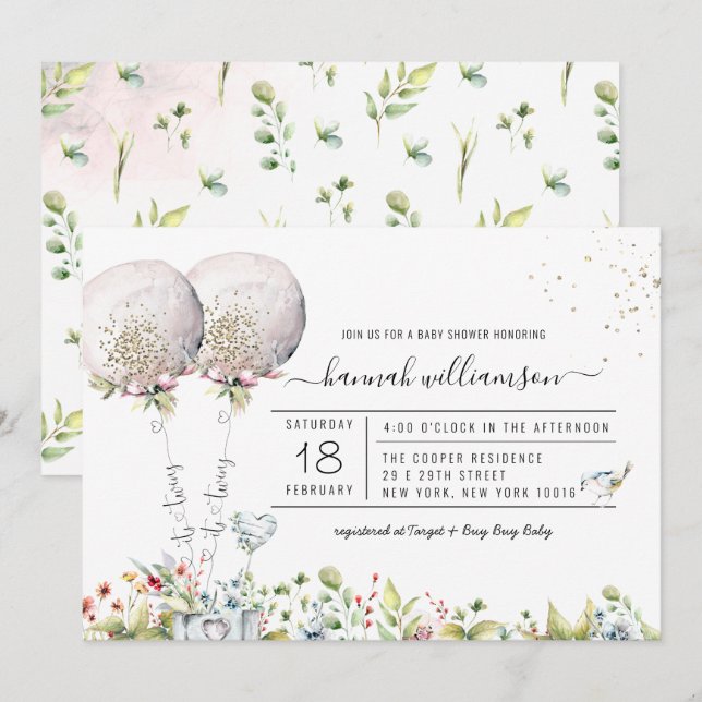 It's Twins Lavender Balloon Baby Shower Invitation (Front/Back)