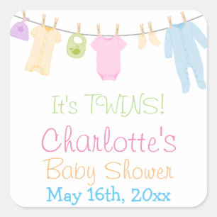 It's TWINS! Little Clothes Baby Shower Party Square Sticker