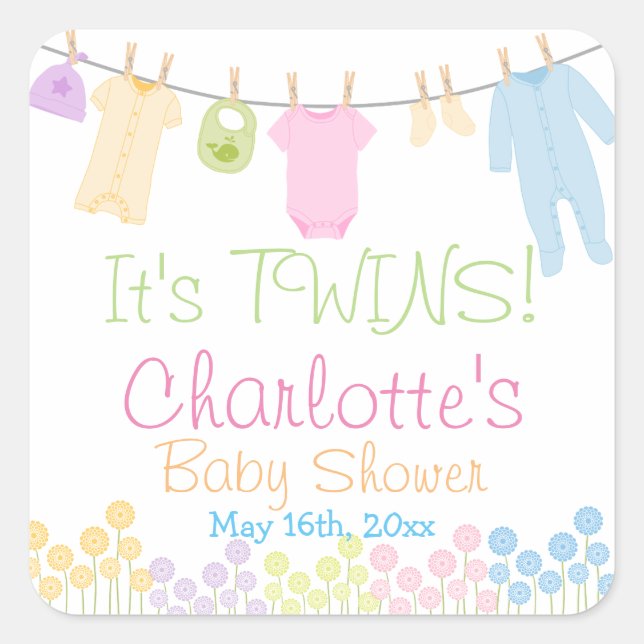 It's TWINS! Little Clothes Baby Shower Party Square Sticker (Front)