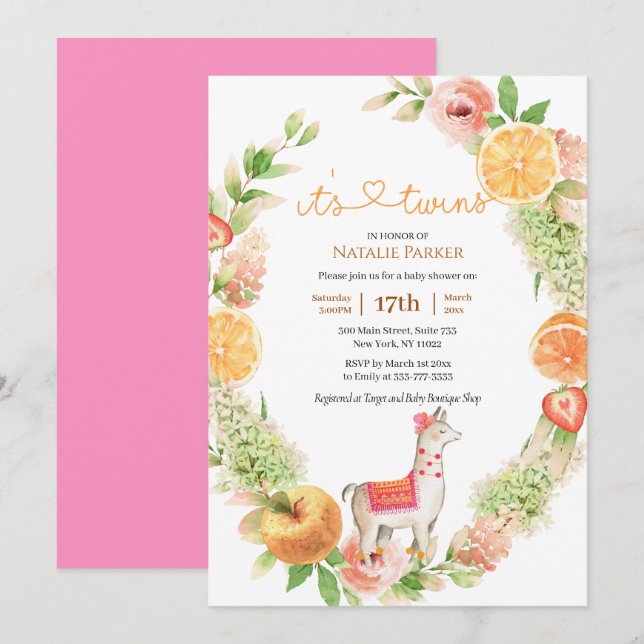 It's Twins Llama Mama Floral Greenery Baby Shower Invitation (Front/Back)