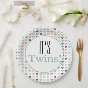 It's Twins! Modern Geometric Baby Shower Party Paper Plate