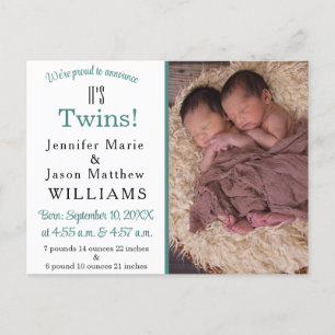 It's Twins Modern Teal Photo Birth Announcement