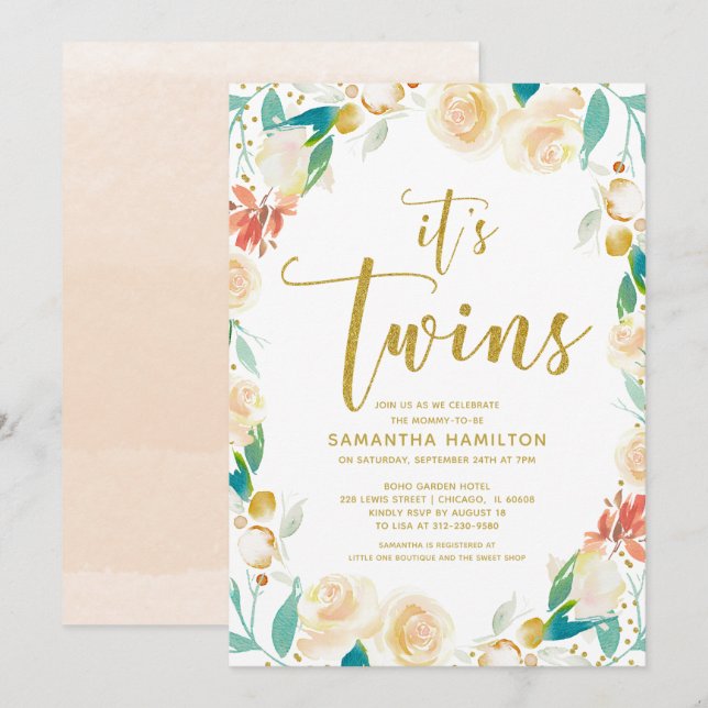 It's Twins Peach Gold Glitter Floral Baby Shower Invitation (Front/Back)