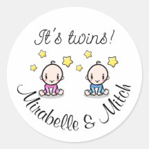 It's twins!, personalised w. names, round stickers