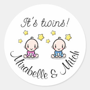 It's twins!, personalised w. names, round stickers