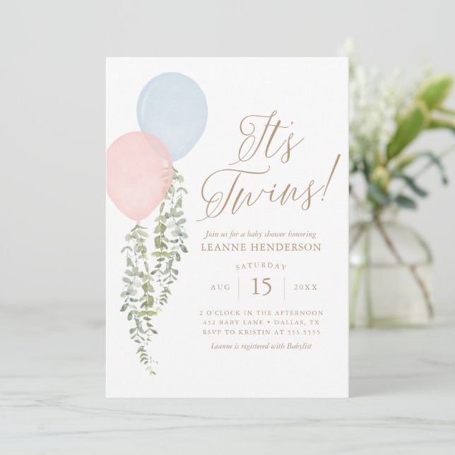 Its Twins Pink Blue Balloon Eucalyptus Baby Shower Invitation (Standing Front)