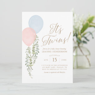 Its Twins Pink Blue Balloon Eucalyptus Baby Shower Invitation