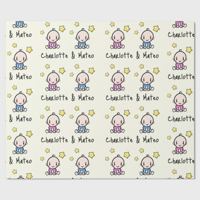 It's Twins!, Pink & Blue Customisable Twin Babies  Wrapping Paper (Seam)