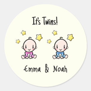 It's Twins!, Pink & Blue Personalised Twin Babies  Classic Round Sticker