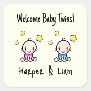 It's Twins!, Pink & Blue Personalised Twin Babies  Square Sticker
