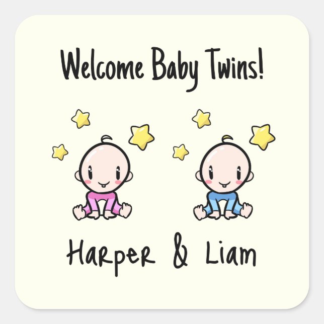 It's Twins!, Pink & Blue Personalised Twin Babies  Square Sticker (Front)