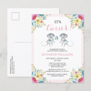 It's Twins Pink Floral Girl Twins Baby Shower Invitation Postcard