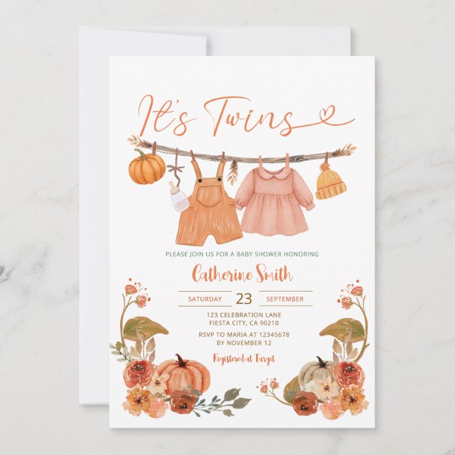 It's Twins Pumpkins Baby Shower Clothesline Floral Invitation (Front)