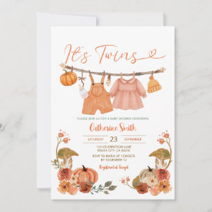It's Twins Pumpkins Baby Shower Clothesline Floral Invitation