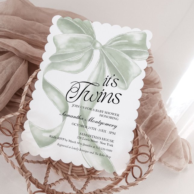 Its Twins Sage Coquette Bow Baby Invitation (Creator Uploaded)