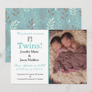 It's Twins Teal Photo Birth Announcement