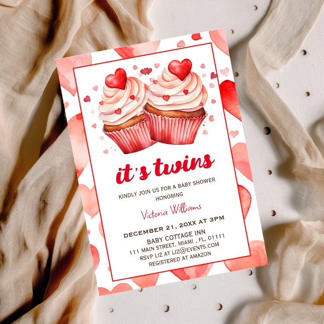 It's twins valentine hearts cupcake baby shower invitation (Creator Uploaded)