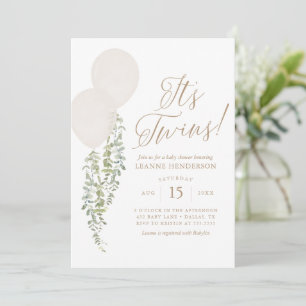 Its Twins White Balloon Eucalyptus Baby Shower Invitation
