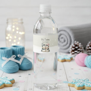 Its Twins Winter penguin Baby Shower theme Water Bottle Label